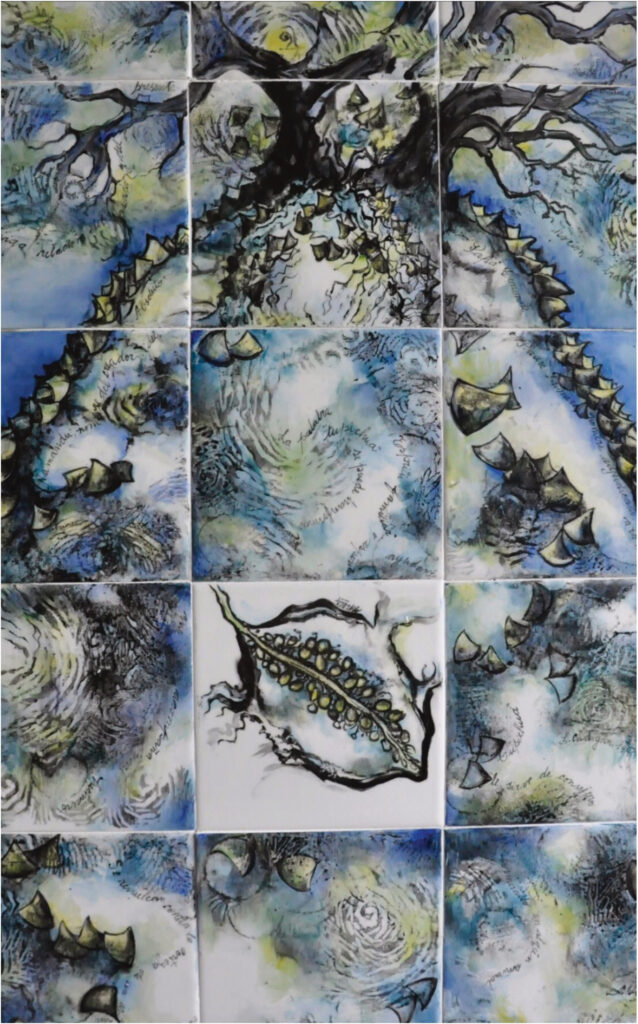 Des-centrañar, 2014 Pigmento sobre azulejos, 90 x 45 cm